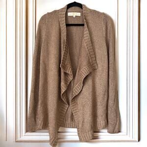 Ramy Brook Metallic Lurex Open Front Waterfall Cardigan Sweater Tan Gold Size M